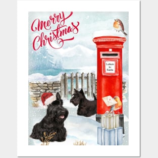 Scottish Terriers Merry Christmas Santa Dog Holiday Greeting Posters and Art